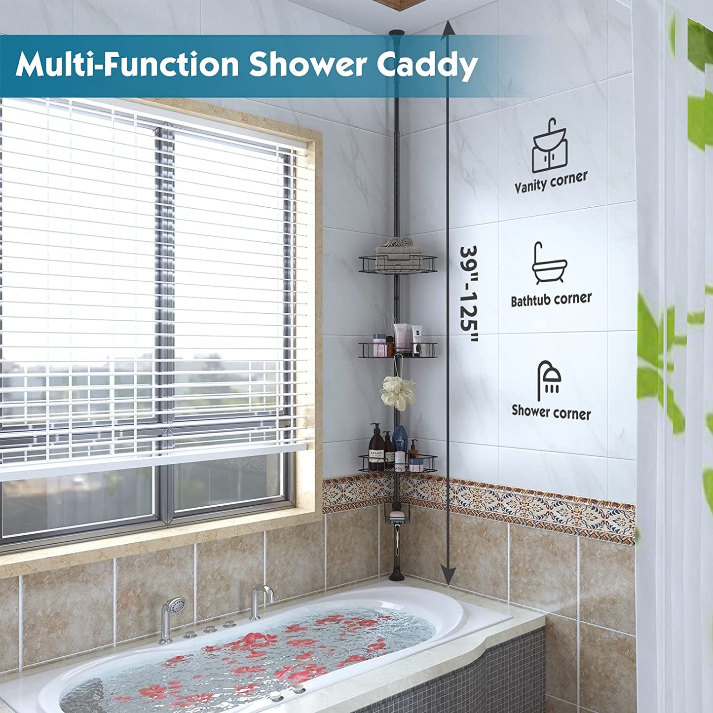 Rustproof Adjustable Shower Caddy - Tension Pole Corner Organizer for Bathroom and Bathtub Storage, 39-125 Inches, Black