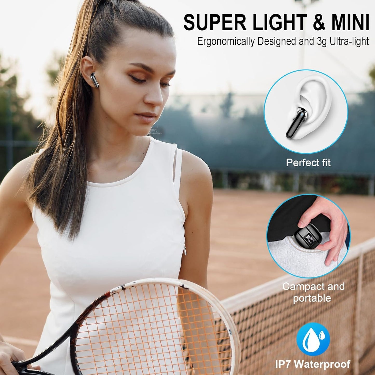 Bluetooth 5.3 Wireless Earbuds with 4 ENC Noise Cancelling Microphones, 48H Hi-Fi Stereo Sound, Dual LED Display, IP7 Waterproof