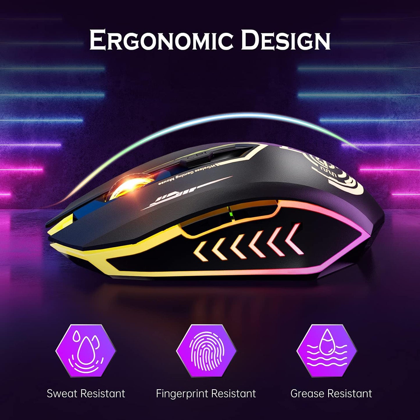 Wireless Gaming Mouse - 10000 DPI, Rechargeable USB Wireless Mouse - 6 Buttons 7 Changeable LED Color Programmable