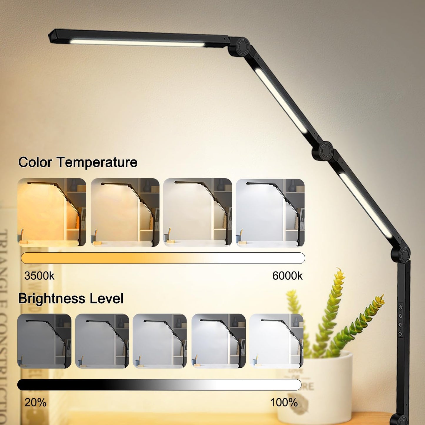 LED Desk Lamp with Clamp, Flexible 4-Section Swing Arm, Three Light Sources, 4 Color Modes, 5 Brightness Levels, Memory Function