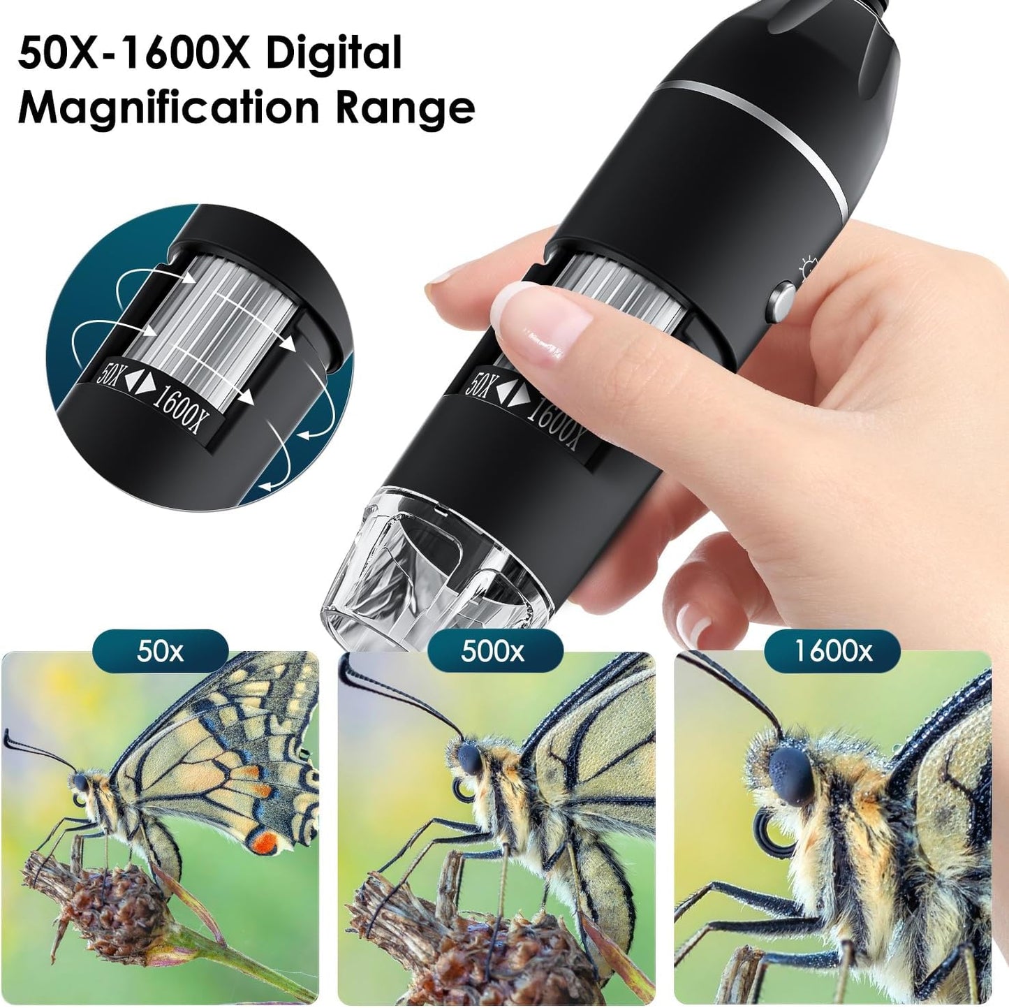 USB Digital Microscope Camera - Handheld HD Inspection Device - 50X-1600X Magnification, Adjustable Stand, 8 LED Lights, for iOS & Android (Black)