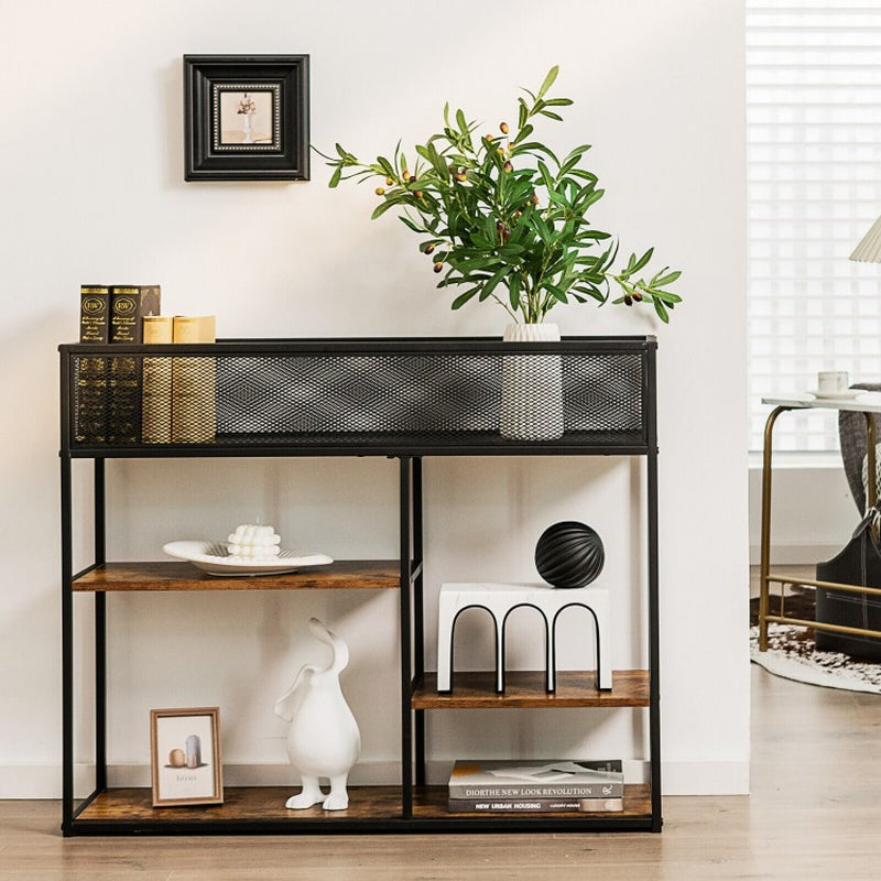 Industrial 4-Tier Console Table with Wire Basket and Shelf