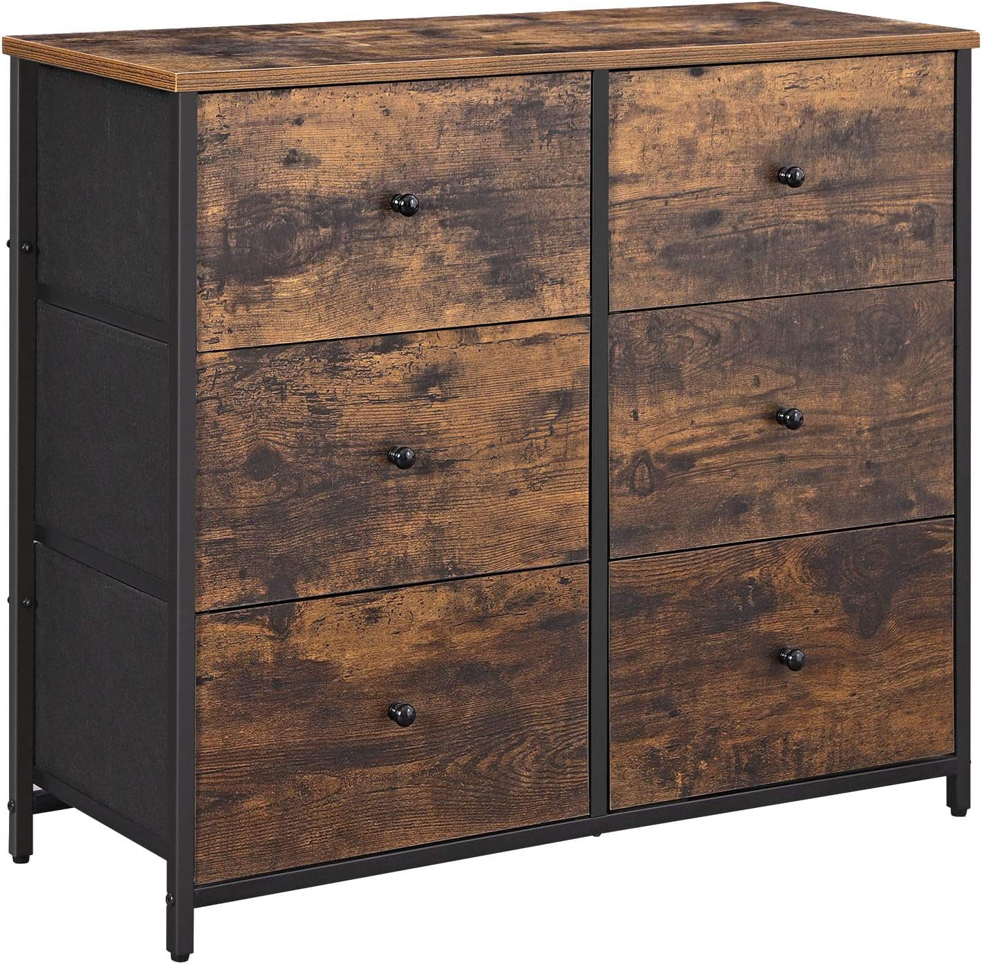 6-Drawer Bedroom Dresser with Metal Frame, Rustic Brown and Classic Black Finish