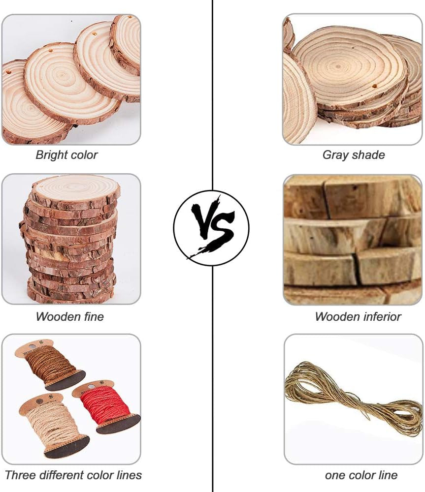 Natural Wood Slices - 50 Unfinished Predrilled Discs (2''-2.4'') with Twine for DIY Crafting, Wedding Decor, and Christmas Ornaments