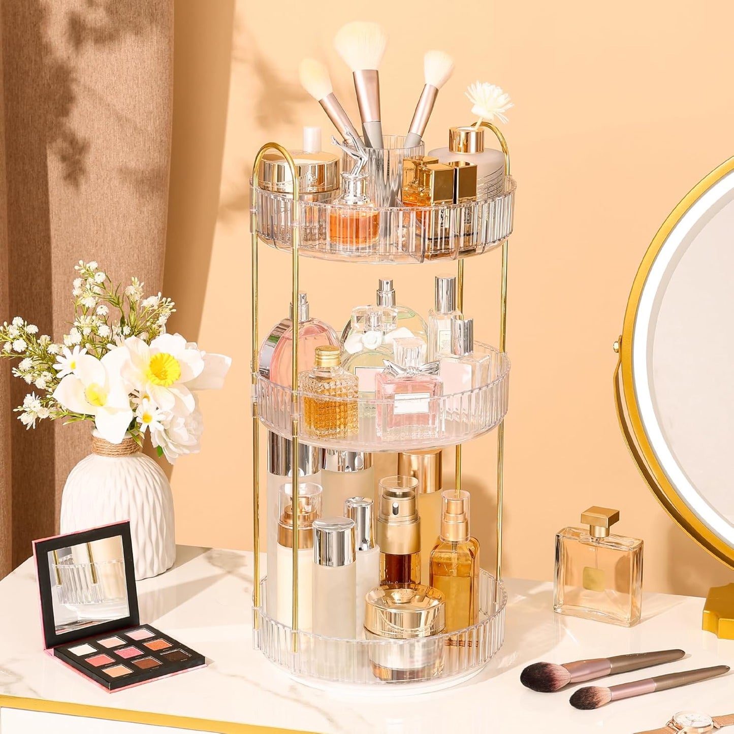 360° Rotating Makeup Organizer - 3-Tier Large Capacity Vanity and Bathroom Countertop Skincare and Cosmetics Storage Solution