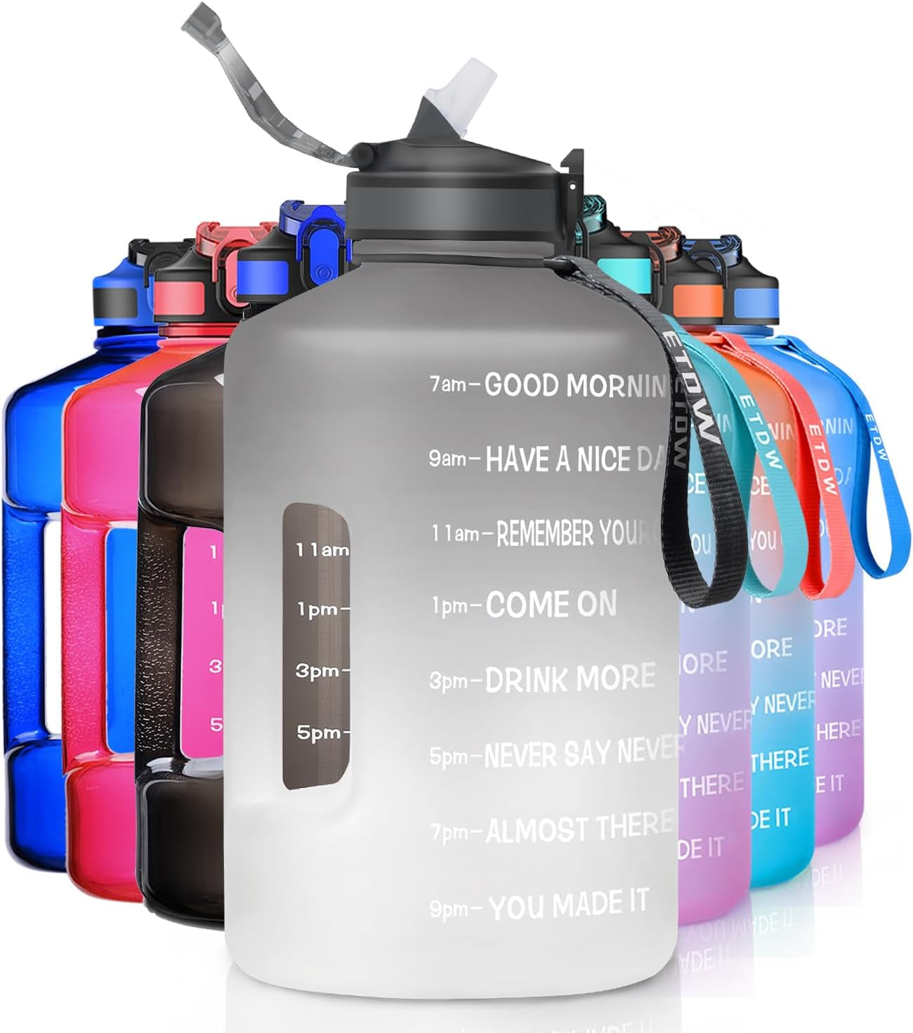 74OZ BPA-Free Gallon Water Bottle with Straw and Time Marker, Leakproof Fitness Container with Handle