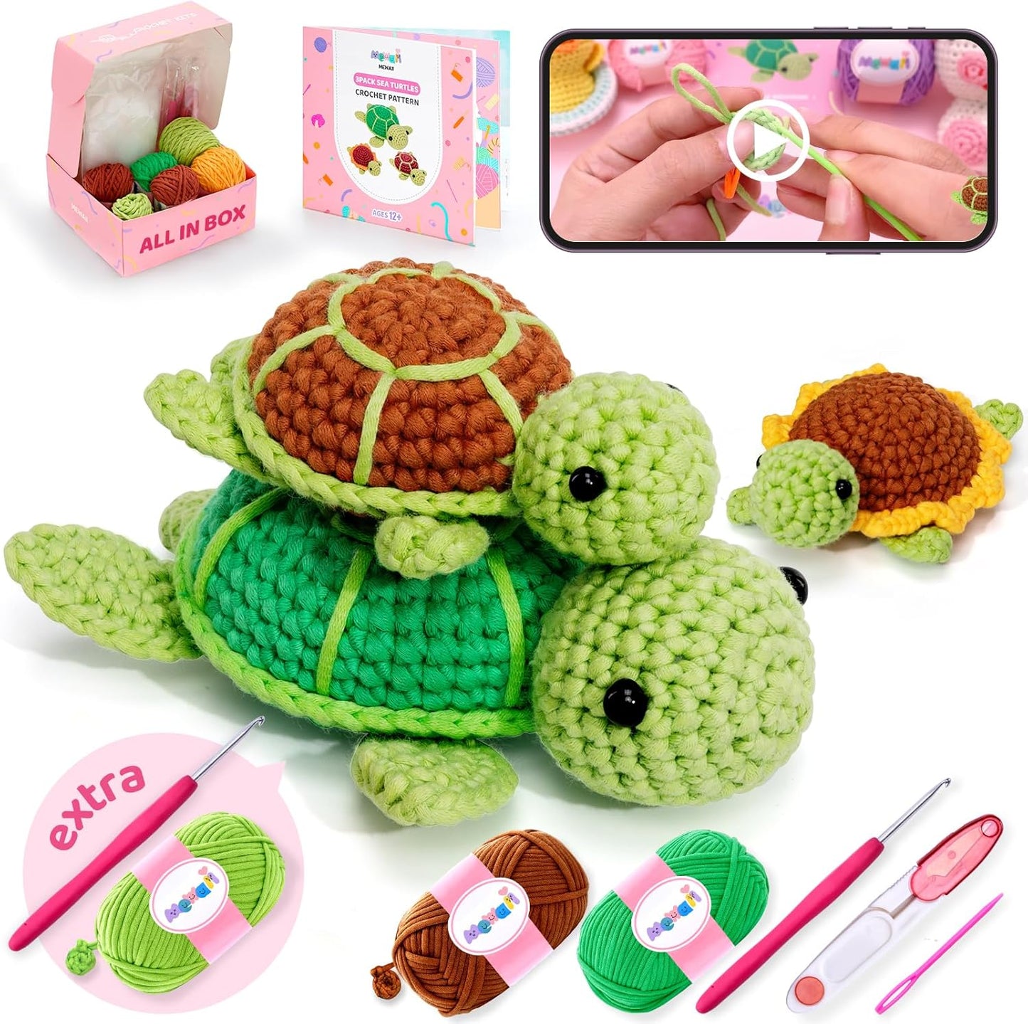 Beginner Crochet Kit Level 1: Toast Coaster with 40% Extra Pre-Started Easy Yarn and Step-by-Step Video Tutorials for Adults and Kids