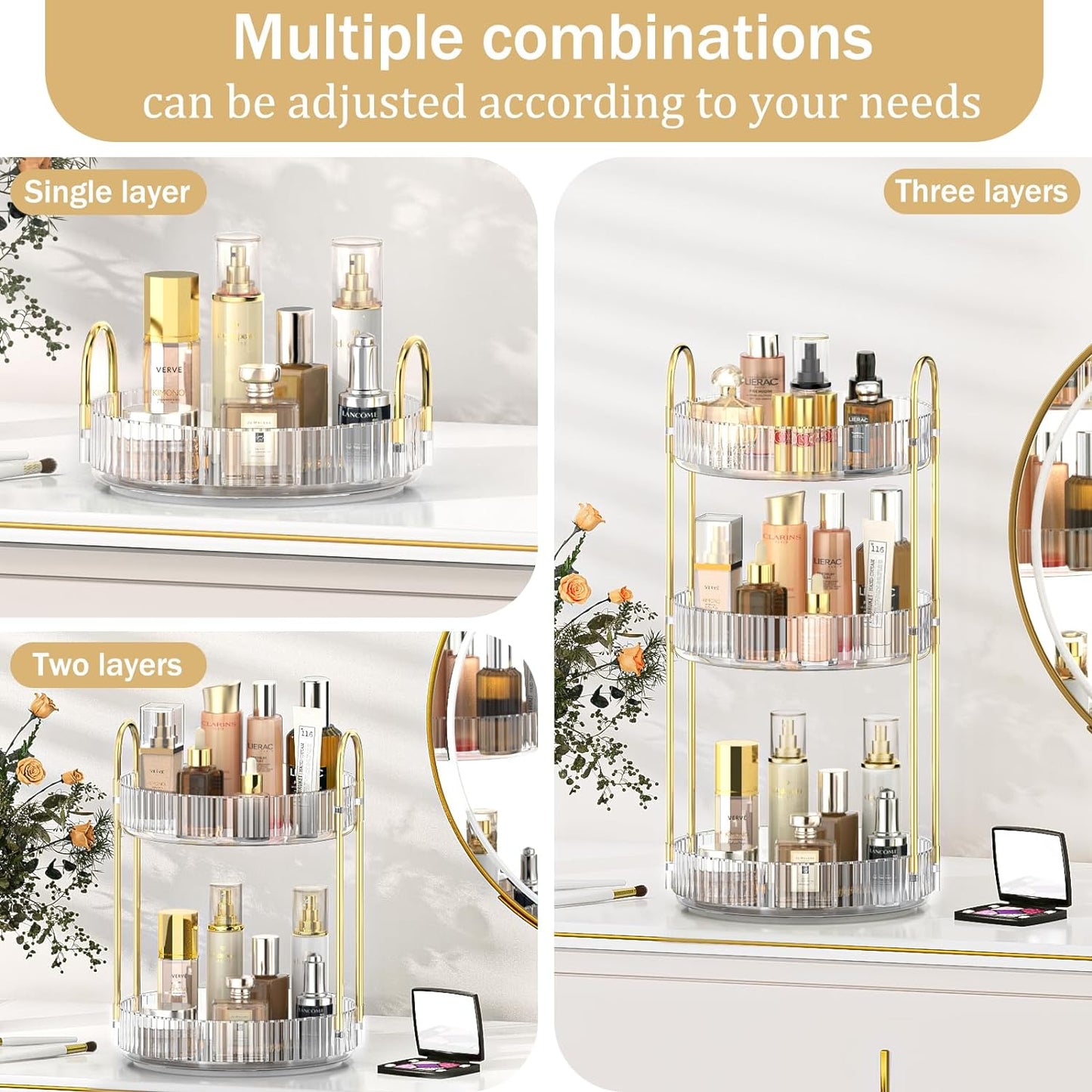 360-Degree Rotating Makeup Organizer with 3 Tiers, Spacious Skincare and Perfume Storage, Versatile Cosmetic Organizer