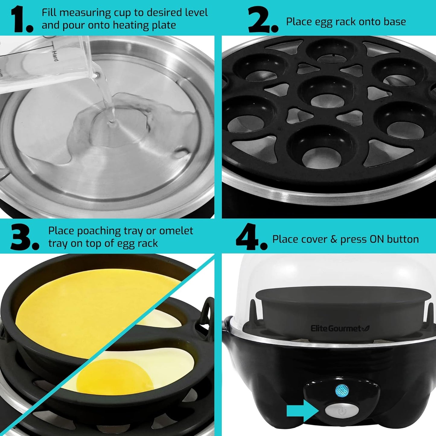 EGC-007B Rapid Egg Cooker - Prepare 7 Easy-to-Peel Hard, Medium, and Soft Boiled Eggs, Poached Eggs, and Omelets with Auto Shut-Off, Alarm Feature, and Included 16-Recipe Booklet, BPA-Free, Black