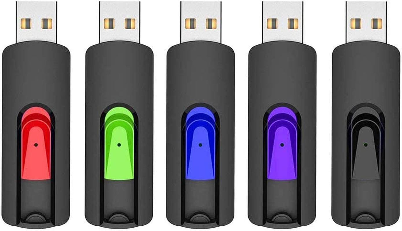 64GB USB Flash Drive - 5-Pack Retractable Memory Sticks (USB 2.0) in Black, Red, Blue, Green, and Purple for Data Storage