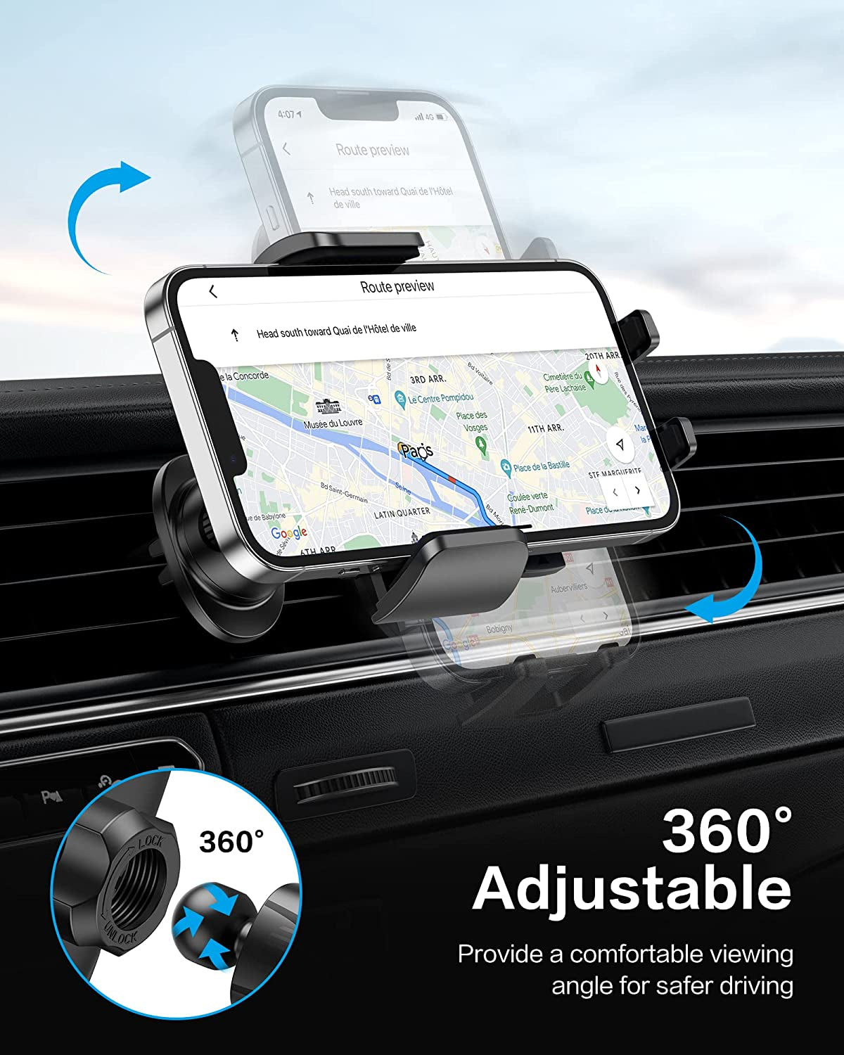 Universal 360° Rotation Car Phone Holder with Air Vent Mount and Secure Hook Clip - One-Touch Compatibility for All Smartphones