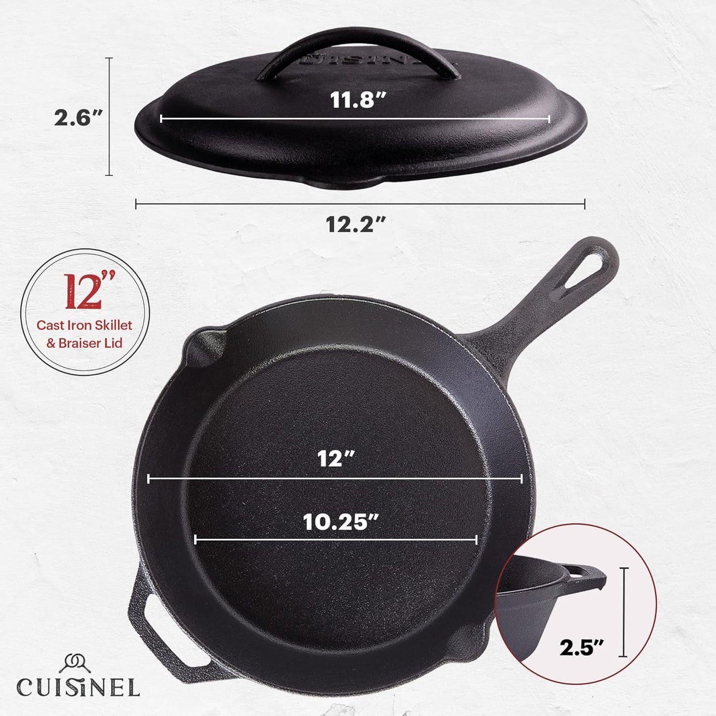 12-Inch Pre-Seasoned Cast Iron Skillet with Lid - Complete Frying Pan Set with Silicone Handle, Lid Holders, and Scraper/Cleaner for Versatile Indoor/Outdoor Cooking