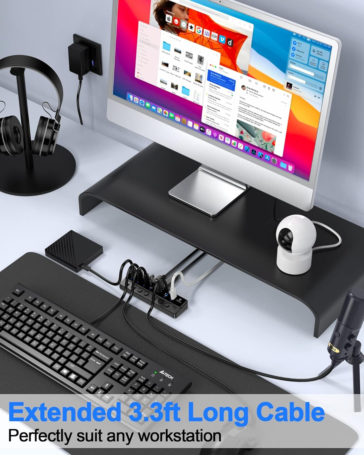 7-Port USB 3.0 Hub with 12V/2A Power Adapter and Individual LED Power Switches for Mini PC, Notebook, Surface Pro, MacBook Pro/Air M1/M2