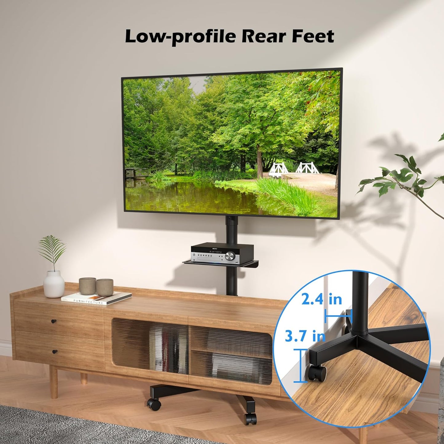 Mobile TV Stand with Adjustable Tilt, Rolling Cart and Media Shelf for 23-60” Flat & Curved TVs, 55 lbs, Max VESA 400x400 mm