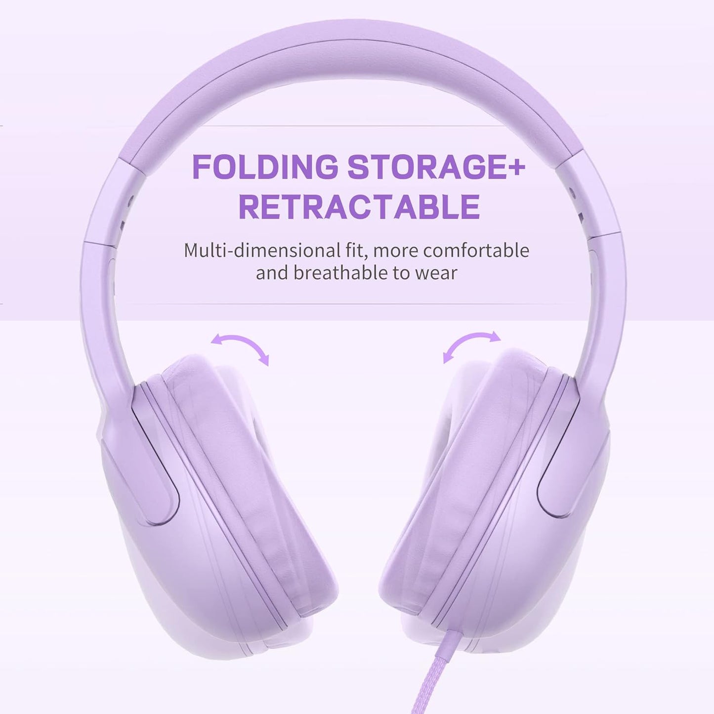Foldable Wired Headphones for Kids with Tangle-Free Nylon Wire and 3.5mm Jack - Stereo On-Ear Headsets for Tablets, iPads, and Travel (Purple)