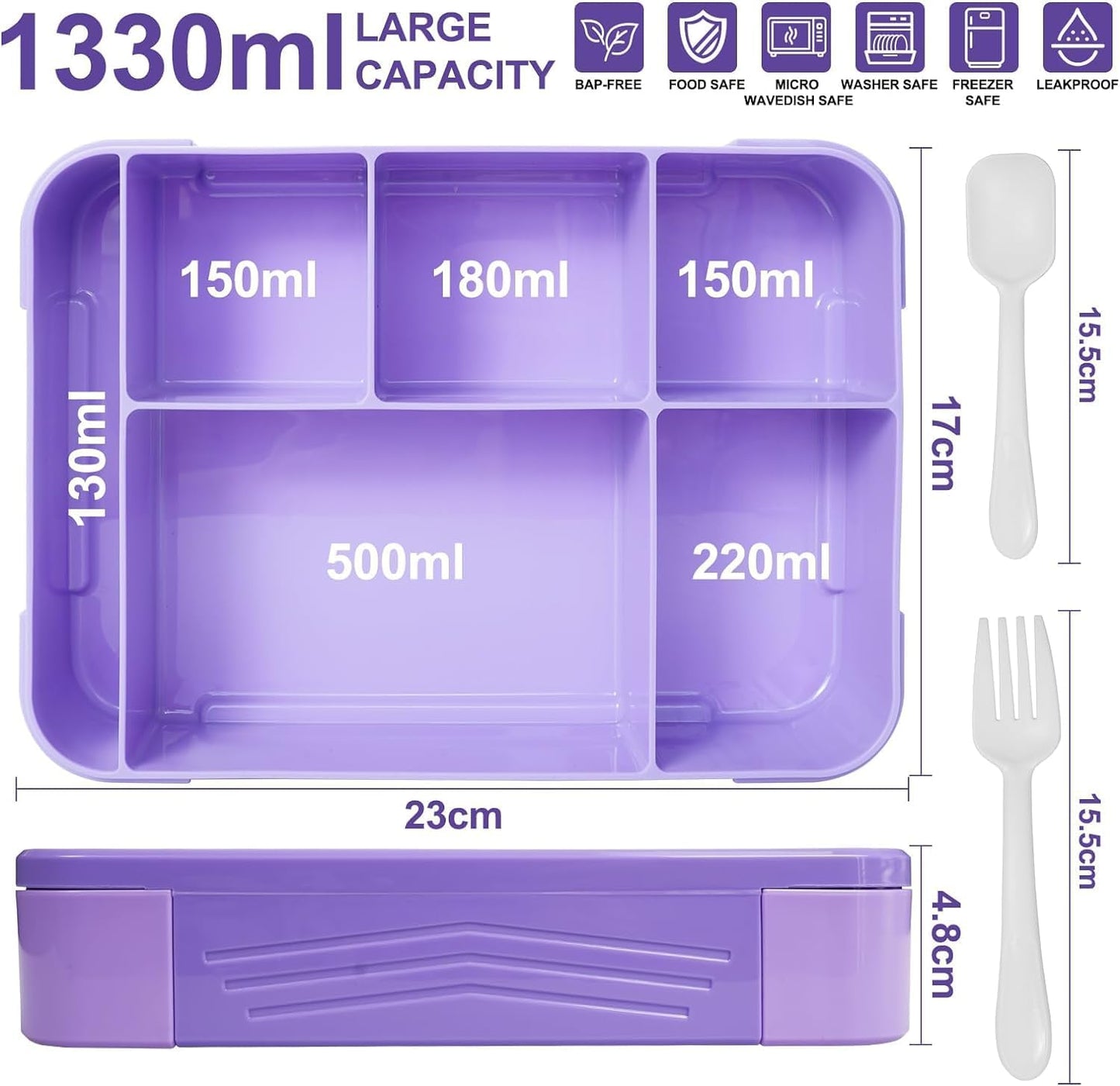 Lunnch Box for Kids and Adults - Leak-Proof Lunch Container with 5 Compartments, BPA Free, Dishwasher Safe