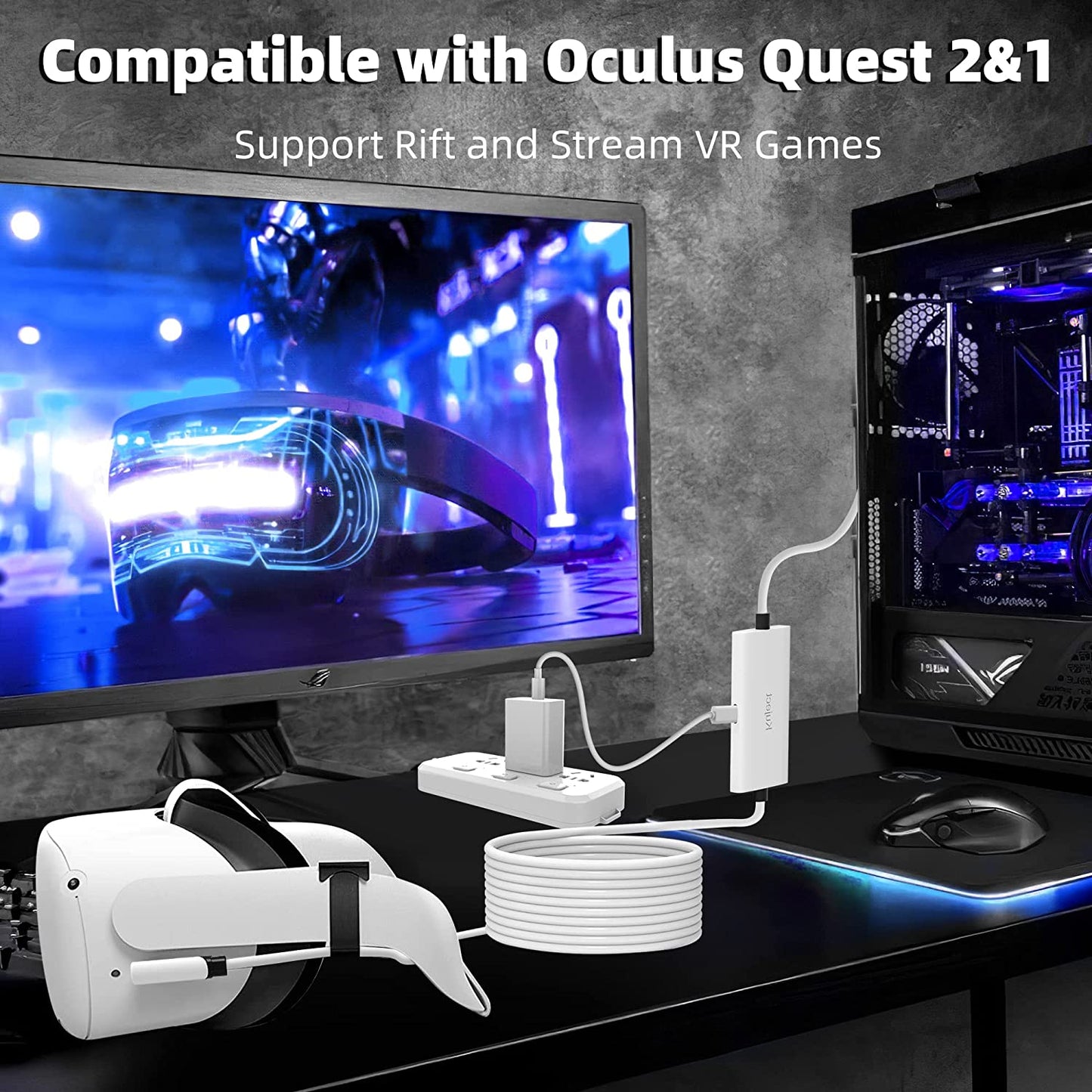 16FT Oculus Quest 2 Link Cable with Separate Charging Port, USB 3.0 Type A to C, Ultra-Durable Design for VR Headset and Gaming PC - White