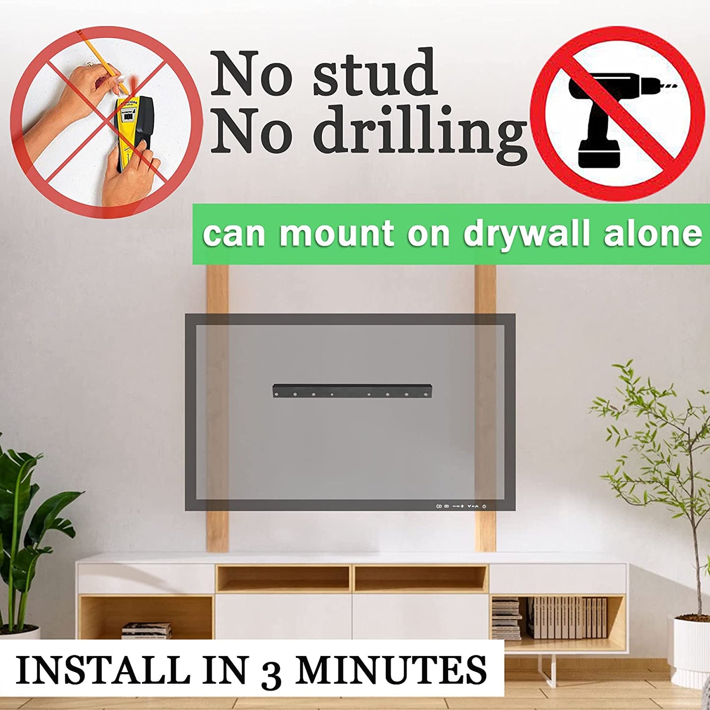 Studless TV Wall Mount - No Damage, No Drill Installation for Flat Screen TVs (12-55 Inches, Up to 99 lbs) Hardware and Levels Included