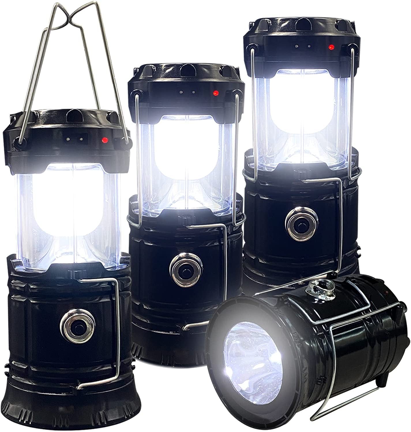 Collapsible Portable LED Camping Lanterns - Lightweight, Waterproof, Solar, USB Rechargeable Flashlights - Indoor and Outdoor Emergency Preparedness - Set of 4