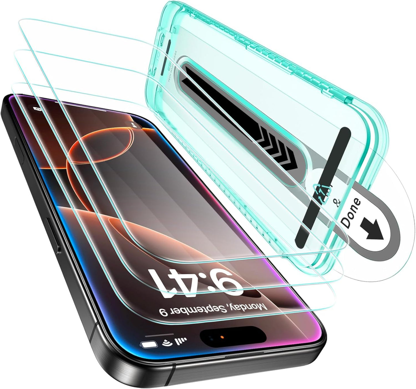3+1 Pack Ultra-Tough Tempered Glass Screen Protector Set for iPhone - Black Edge and Flawless Fit Tray, 1 Individual Camera Lens Protector