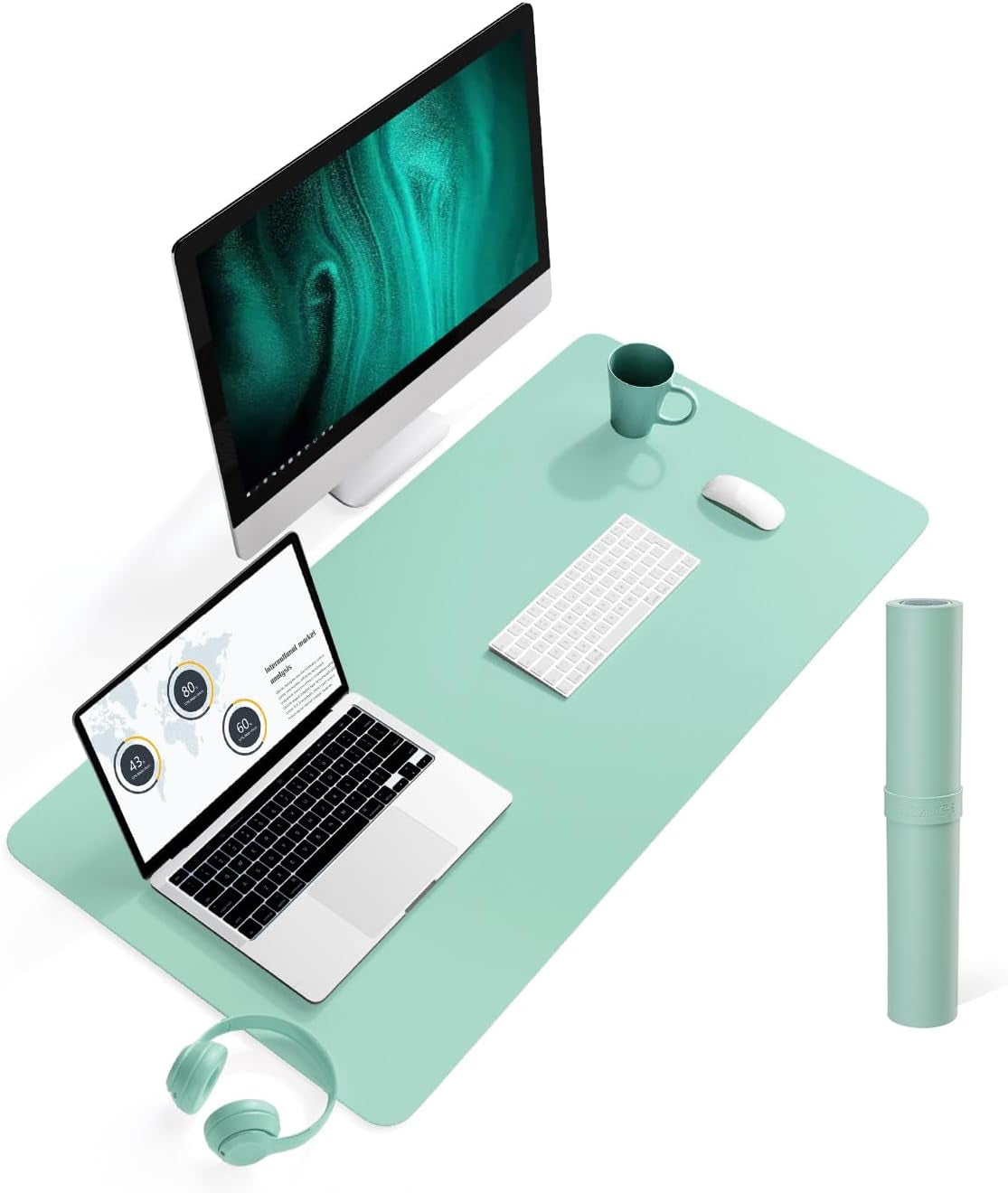 Non-Slip Waterproof PVC Leather Desk Pad, Ultra-Thin Large Mouse Pad, Easy-Clean Writing Mat (Olive Green, 31.5" x 15.7")
