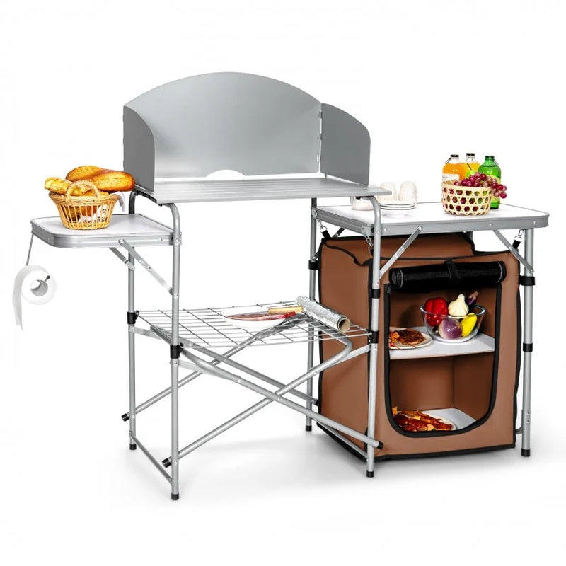 Portable Outdoor BBQ Grilling Table with Protective Windscreen Bag