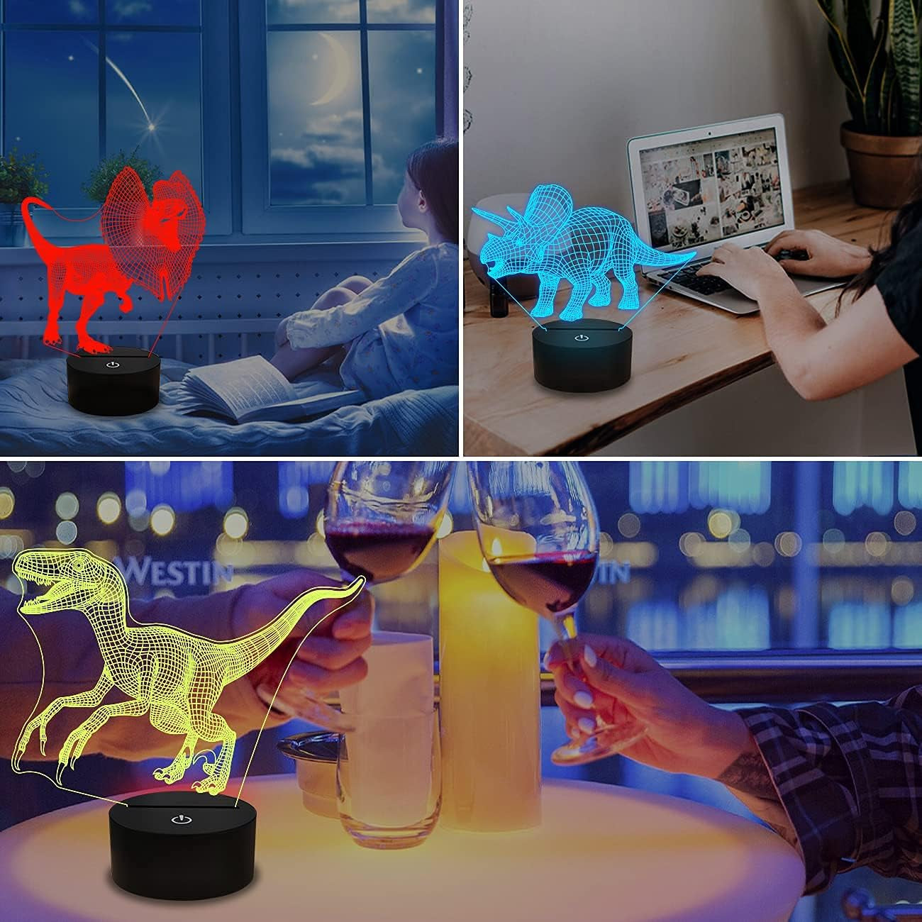Dinosaur 3D Hologram Illusion Bedside Lamp with Remote Control, 16 Color Changing and Dimmable Features - Ideal Gift for Boys and Children for Christmas and Birthdays