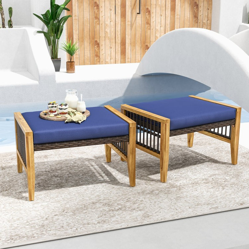 Acacia Wood Patio Ottomans with Cushions and Versatile Rattan Woven Footstools