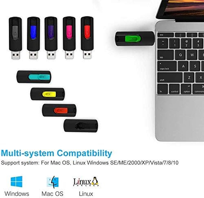 64GB USB Flash Drive - 5-Pack Retractable Memory Sticks (USB 2.0) in Black, Red, Blue, Green, and Purple for Data Storage