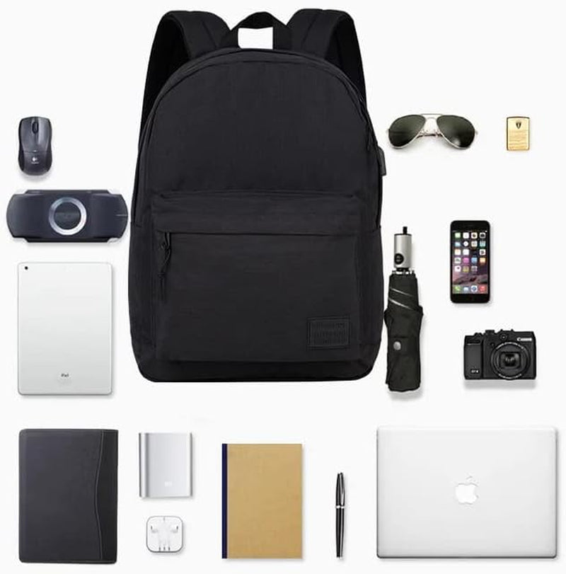 Lightweight Casual Laptop Backpack with USB Charging Port for Men and Women - Dark Black College Bookbag