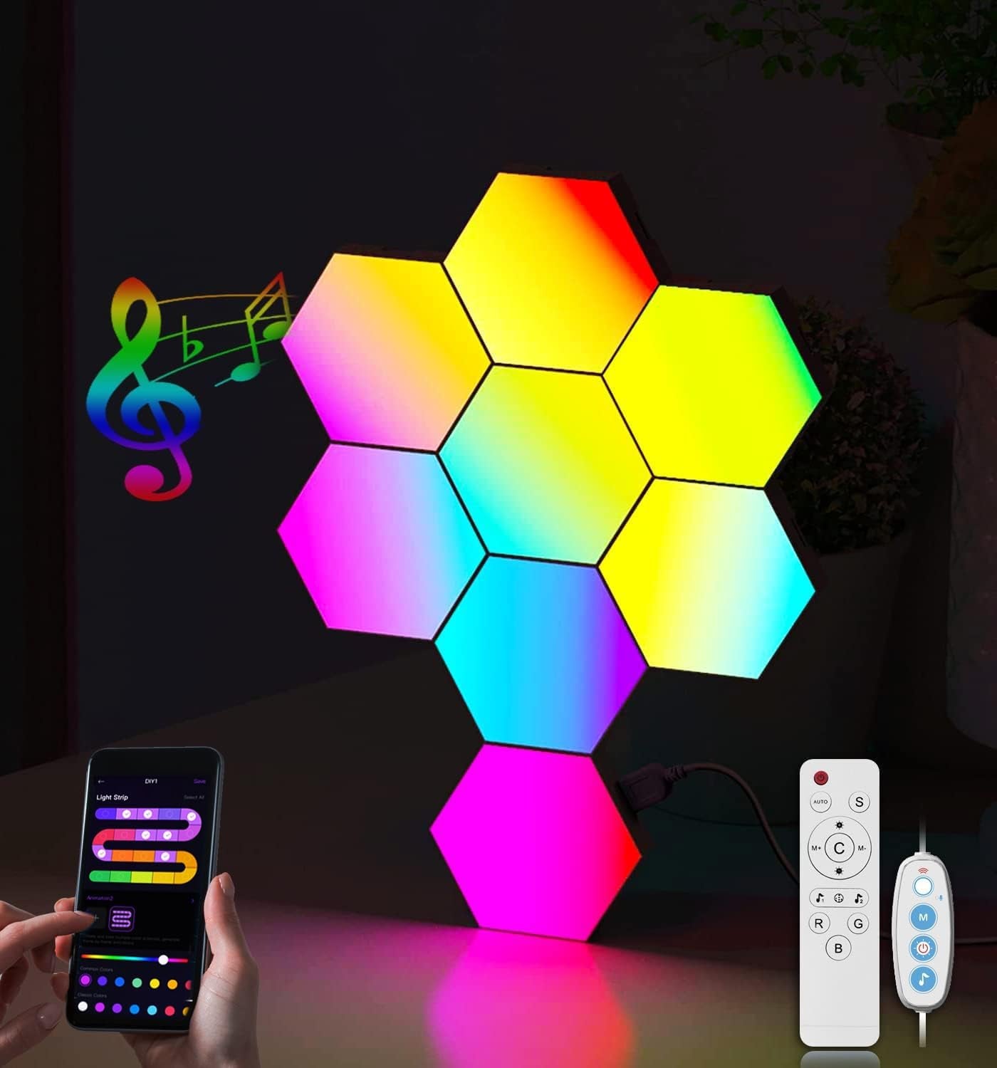 Hexagonal Modular RGB Wall Lights with Smart App and Remote Control - DIY Music Sync LED Panels for Bedroom and Children's Room Decor (Set of 8)