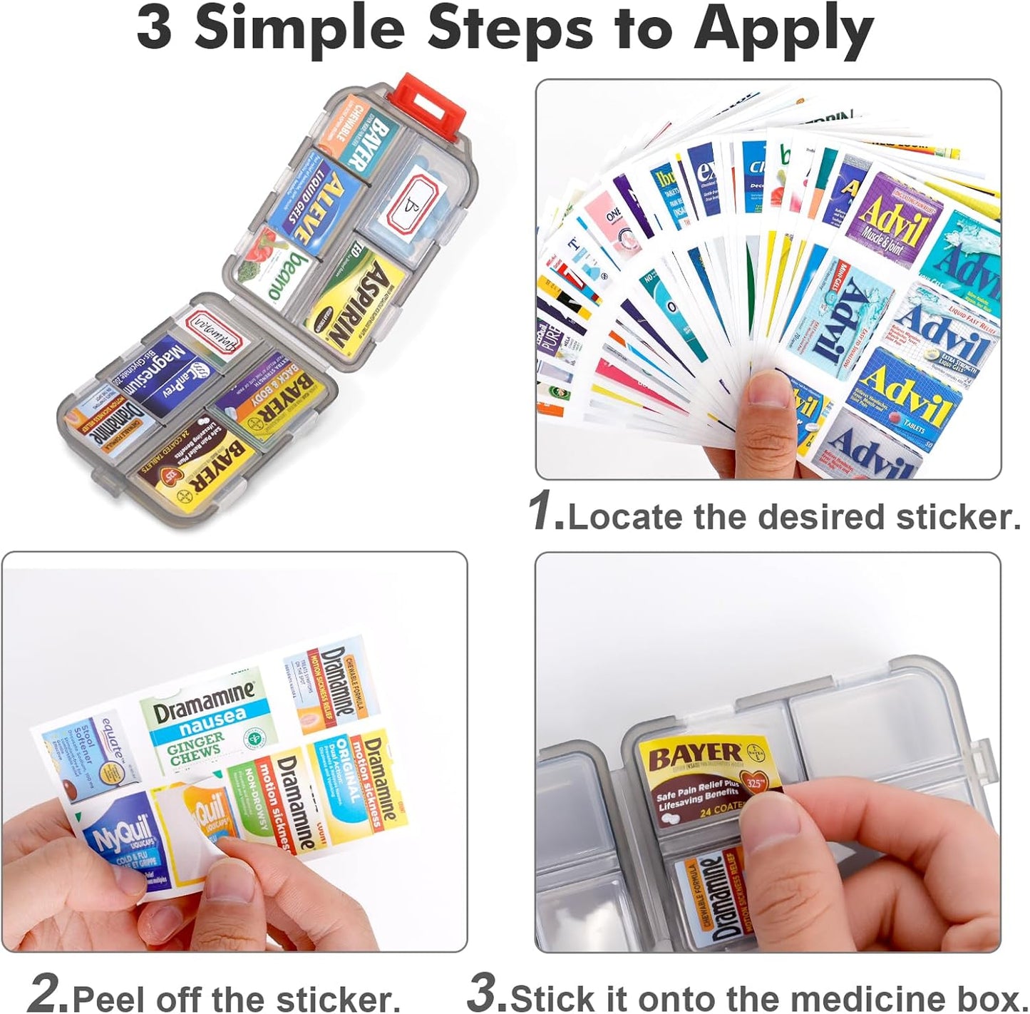 Portable Travel Pill Organizer with 260 Labels and 10 Compartments - Weekly Medication Container Case for Travel Essentials (Grey)