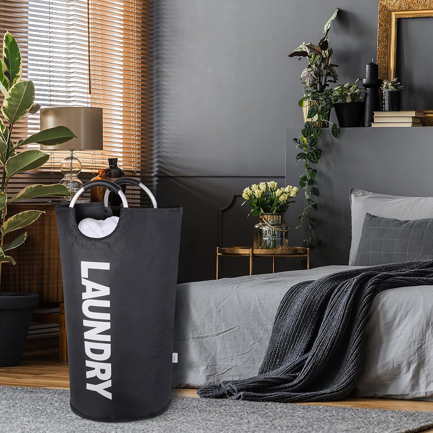 95L Large Laundry Baskets Collapsible, Tall Laundry Hampers, Canvas Laundry Bag Hamper, Fabric Clothes Hamper with Handles, Foldable Laundry Bin (Black)