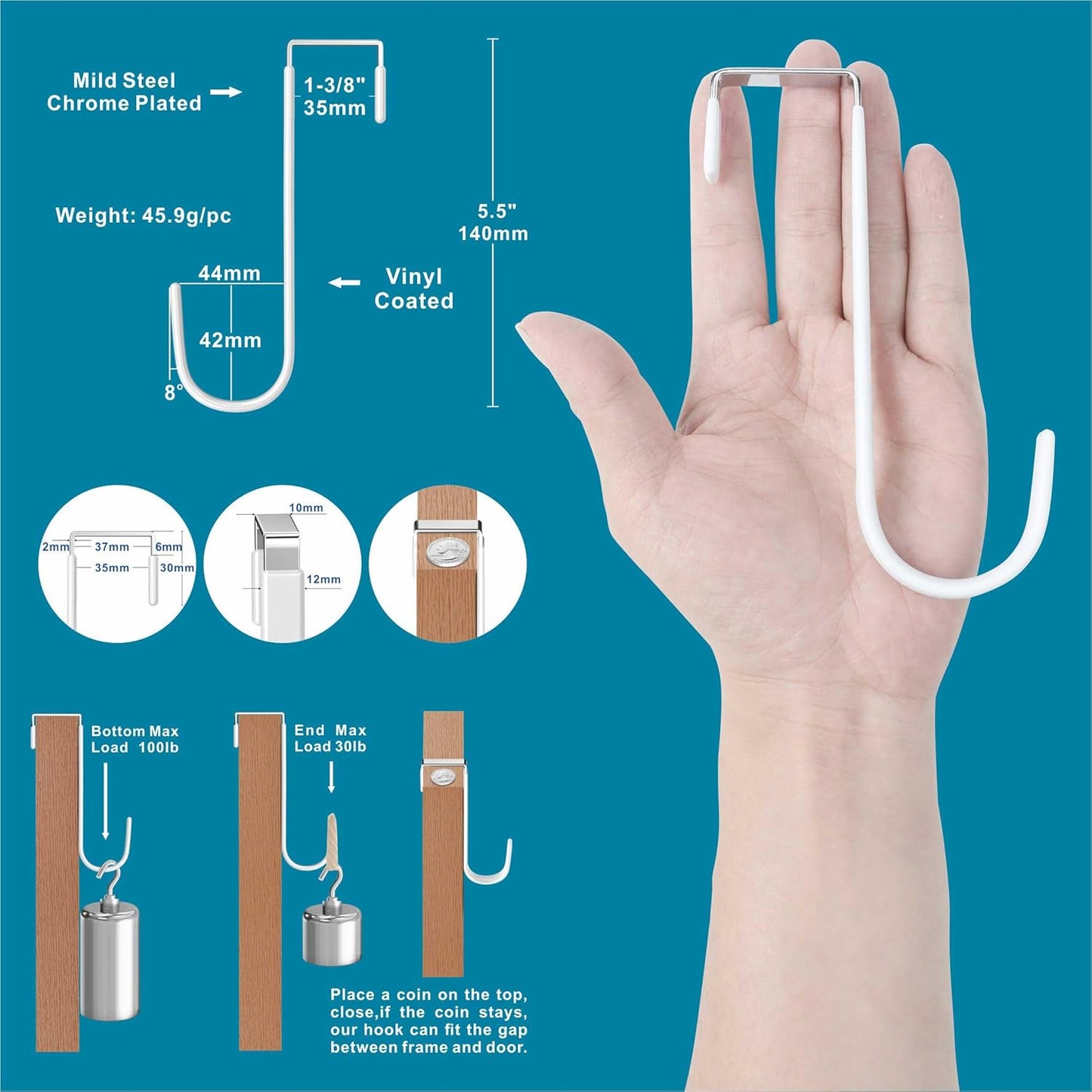 Over-the-Door Hooks - Doors up to 1 3/8", Steel Rubber Coating, Set of 4, 5.5" White, Hanging Towels, Robes, Wreaths, Ironing Boards