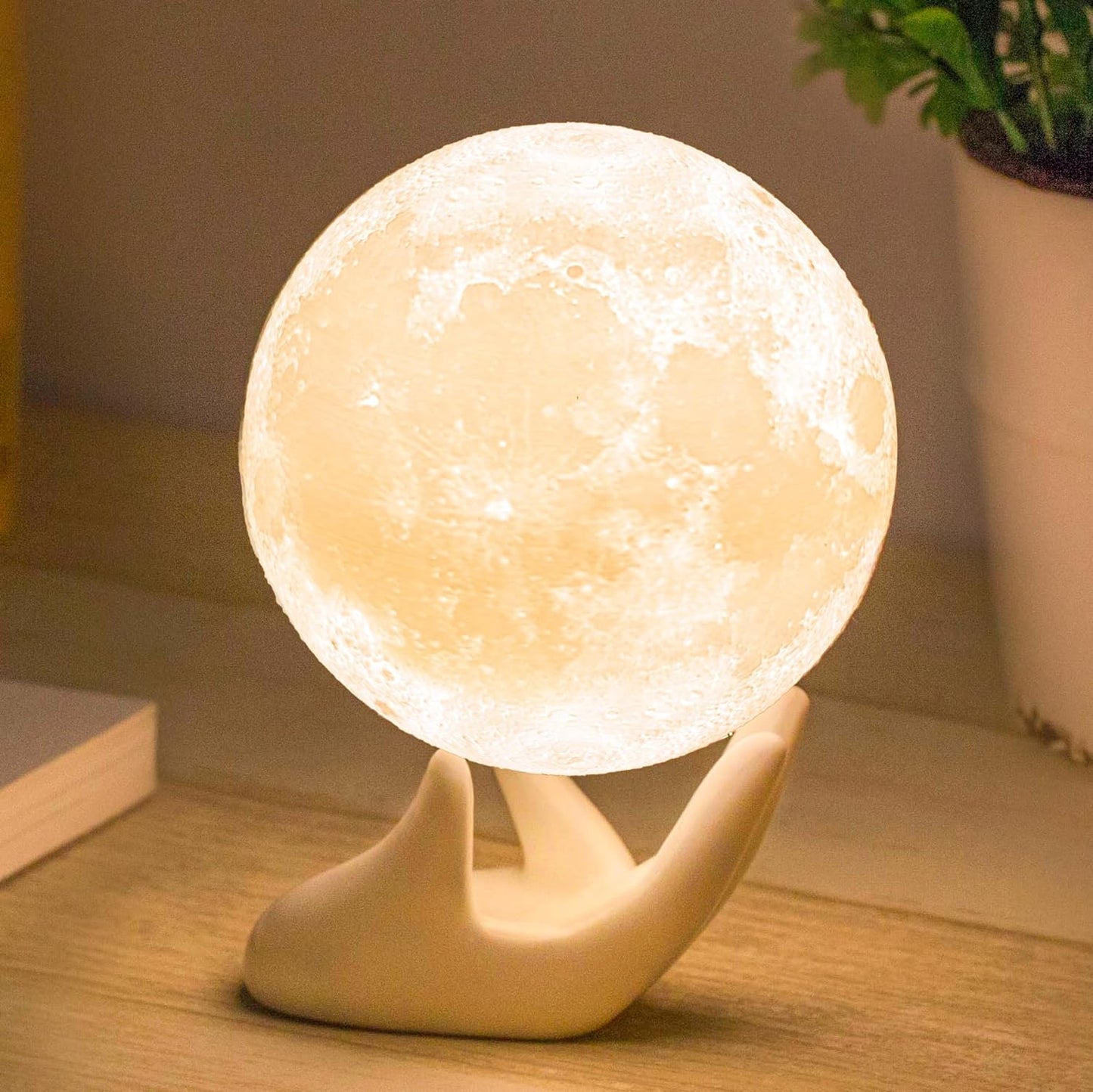 Moon Lamp-Home Décor, Mothers Day Gift with Brightness Control, Gift for Women, LED Night Light, Bedroom, Living Room, Kids Birthday Gift, Ceramic Hand Base, 3.5", White & Yellow