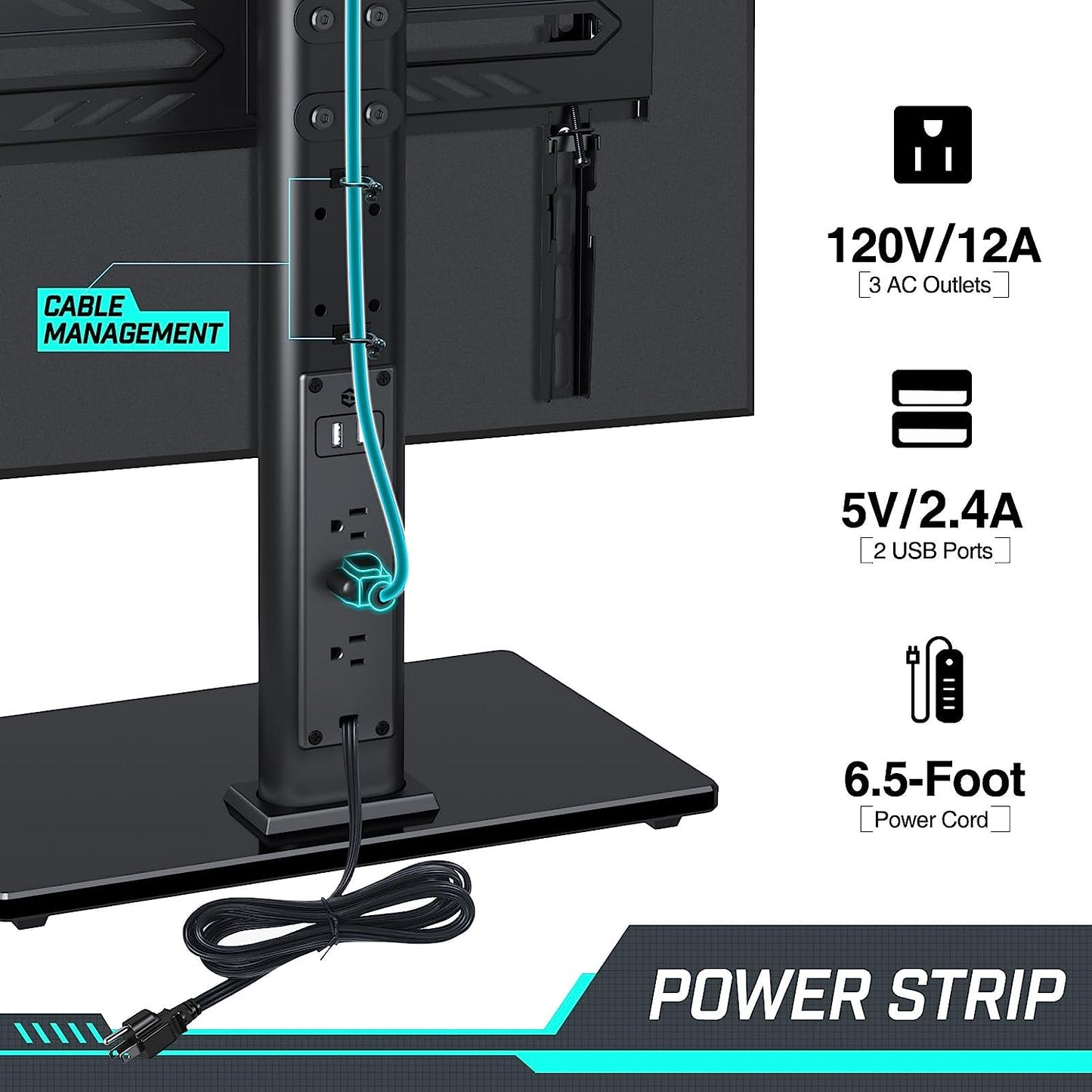 TV Stand with Power Outlet, 88 lbs Adjustable Mount for 27-60 Inch TVs, Swivel Table Top with Tempered Glass Base, , VESA 400x400mm, Black