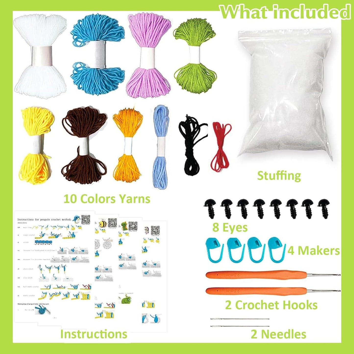 Beginner's Crochet Kit: 4-Piece Animal Crochet Set with Step-by-Step Video Tutorials, Complete DIY Kit Including Yarn, Eyes, Stuffing, and Crochet Hook - Ideal Gift for All Ages