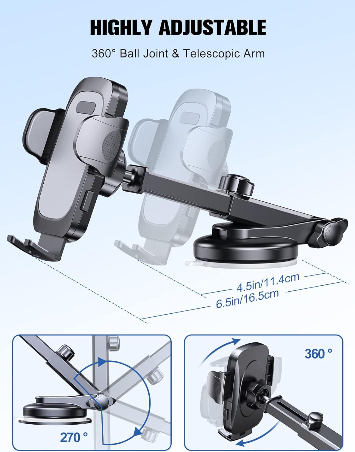 Car Phone Holder with Strong Suction for Dashboard and Windshield - 360° Rotating Long Arm Mount Compatible