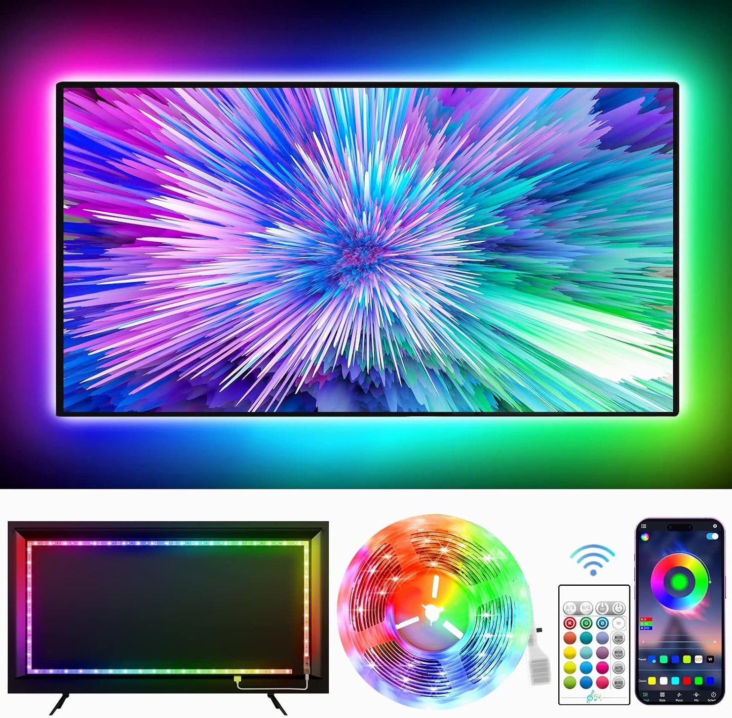 LED Backlight for TVs, 11.4Ft RGB Strip Lights for 32-50 Inch Monitors, Remote and Bluetooth APP Control, Music Sync, USB Powered Room Decoration