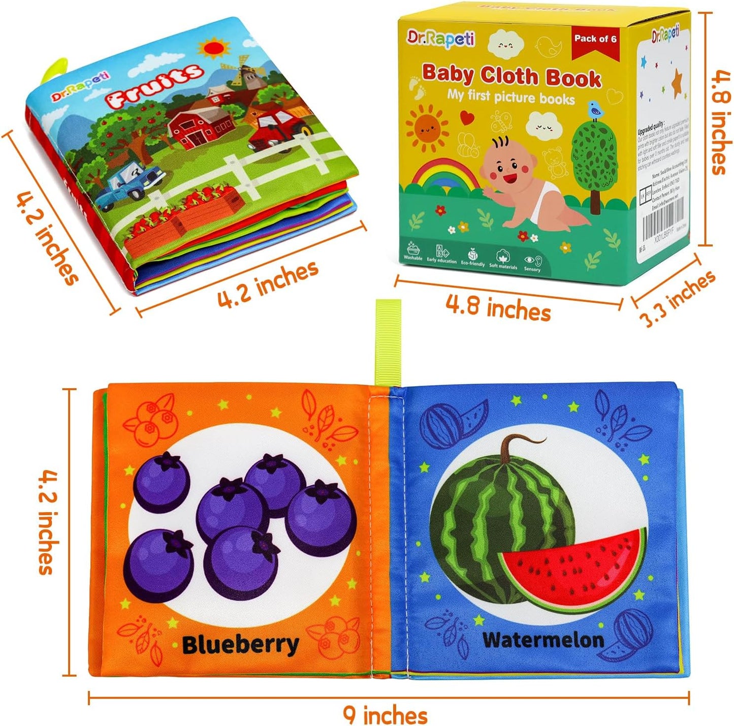 Soft Cloth Baby Books - 6-Pack Washable, Non-Toxic, Crinkle & Squeaky Educational Activity for Infants,Toddlers