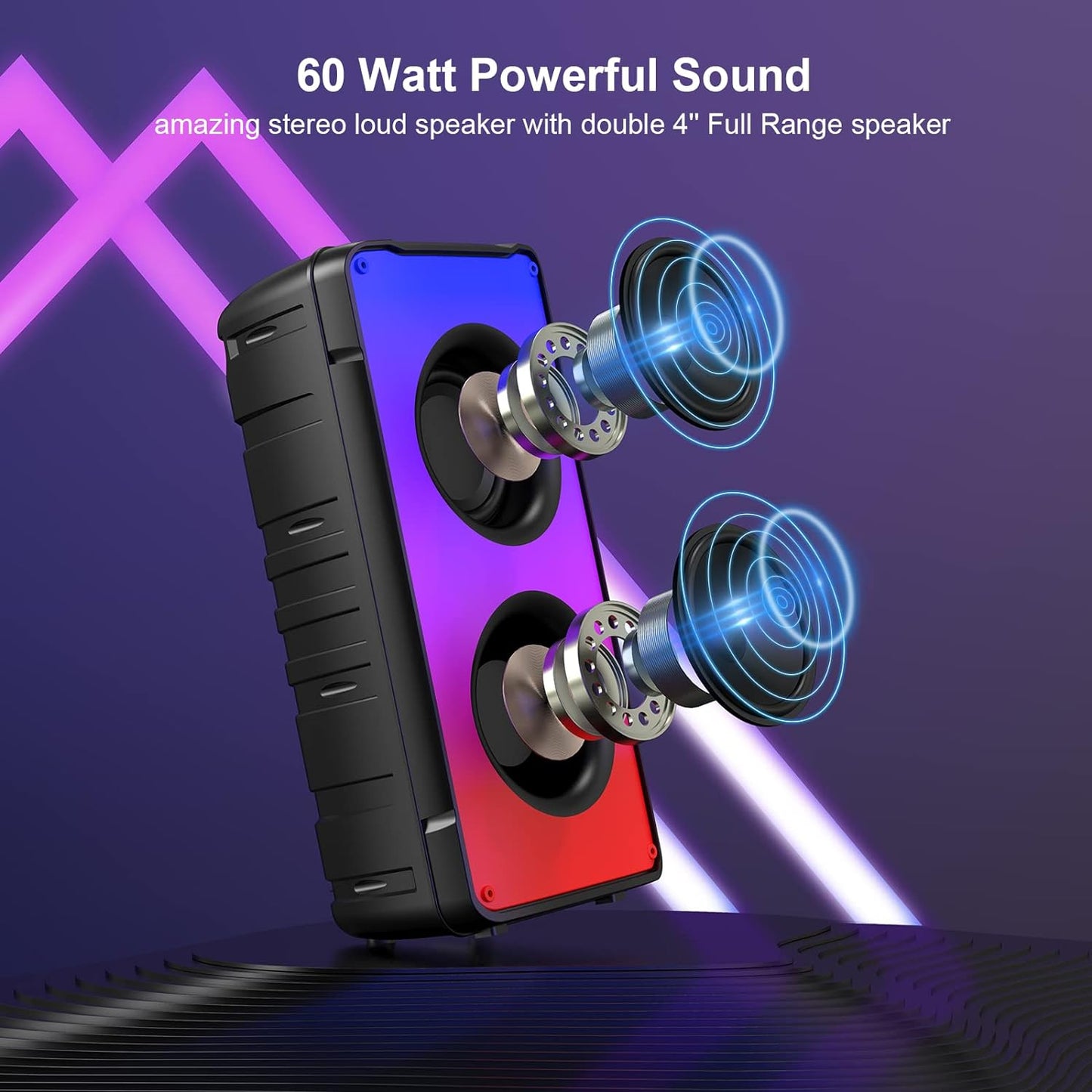 Portable 60W Bluetooth Speakers with Rich Bass, FM Radio, Colorful Lights, TWS Pairing, and 10000mAh Battery