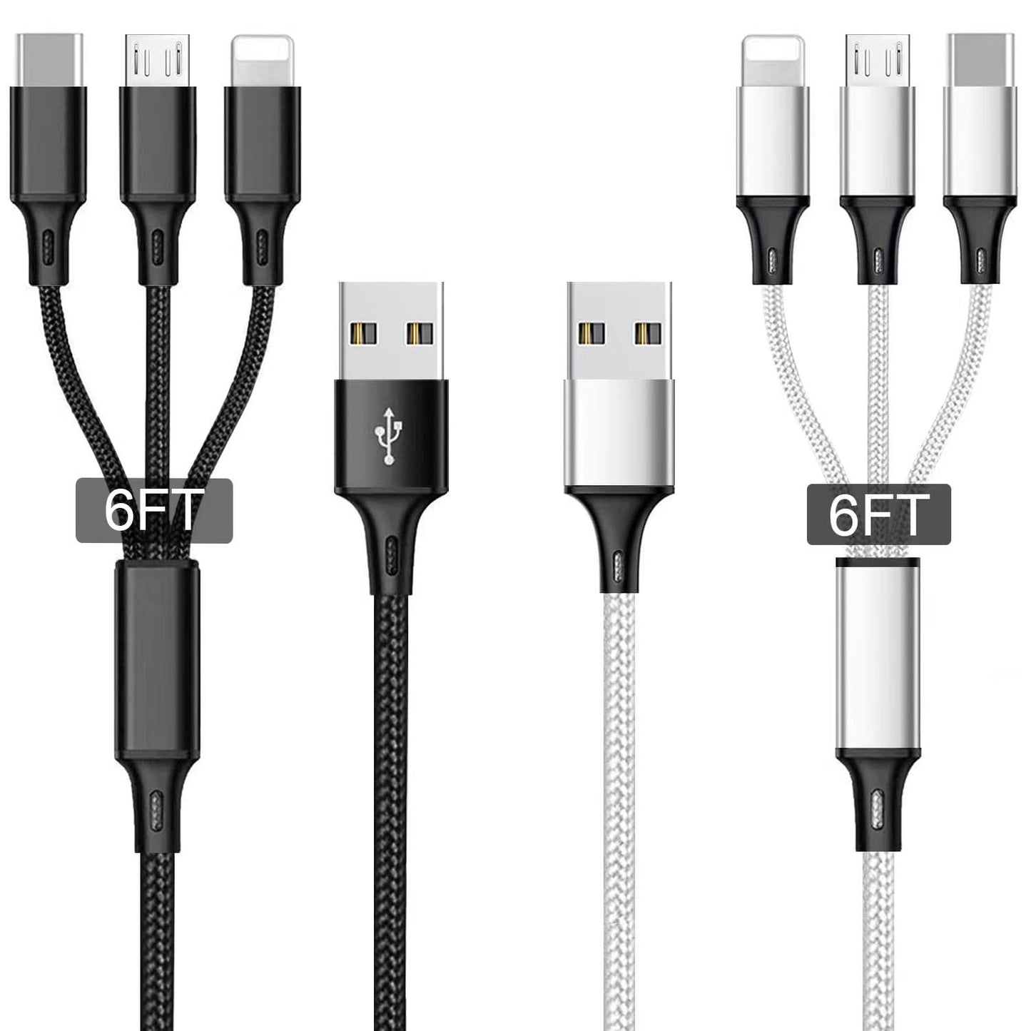 Multi Charging Cable, 4Ft 2Pack Multi Phone Charger Cable Braided Universal 3 in 1 Charging Cord Extra Long Multiple USB Cable with USB C, Micro USB Port Connectors(Red+Black