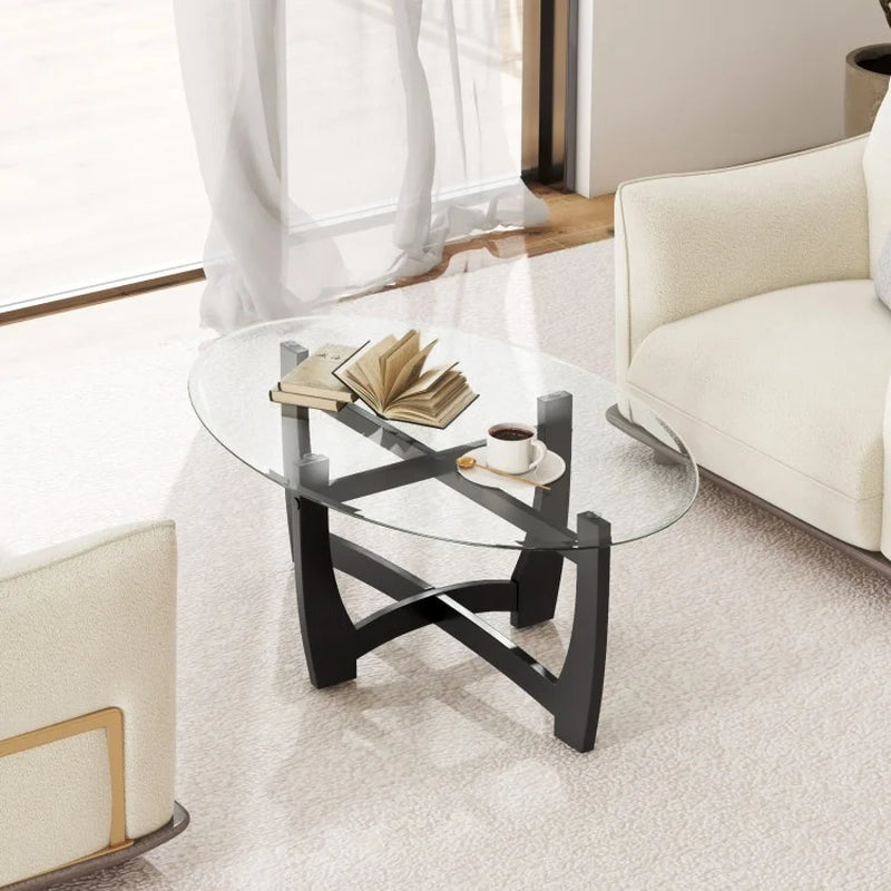 Oval Coffee Table Featuring Tempered Glass Top and Rubberwood Legs