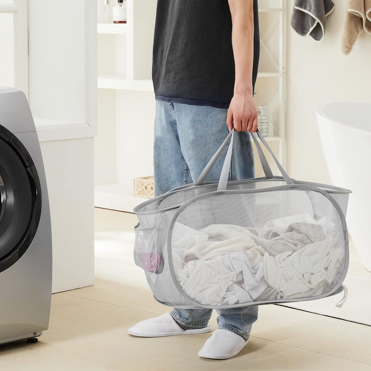 Collapsible Mesh Laundry Basket with Durable Handles and Pockets - Portable and Foldable Clothes Hamper