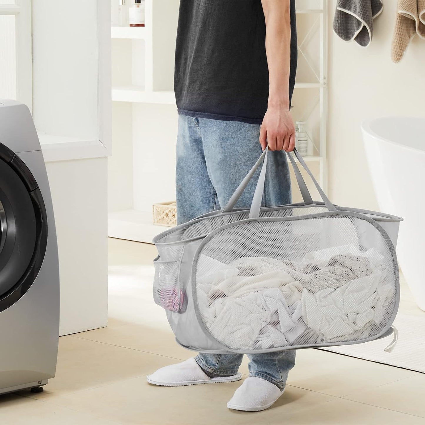 Collapsible Mesh Pop up Laundry Basket with Durable Handles and Pockets, Portable, Foldable, Deluxe Clothes Hamper for Travel, Laundry Room, Dorm or Bathroom, Space Saving Organizer, Grey
