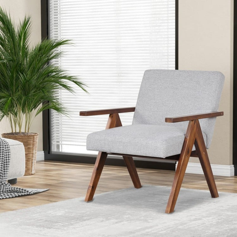 Contemporary Linen Fabric Accent Chair with Durable Solid Acacia Wood Frame