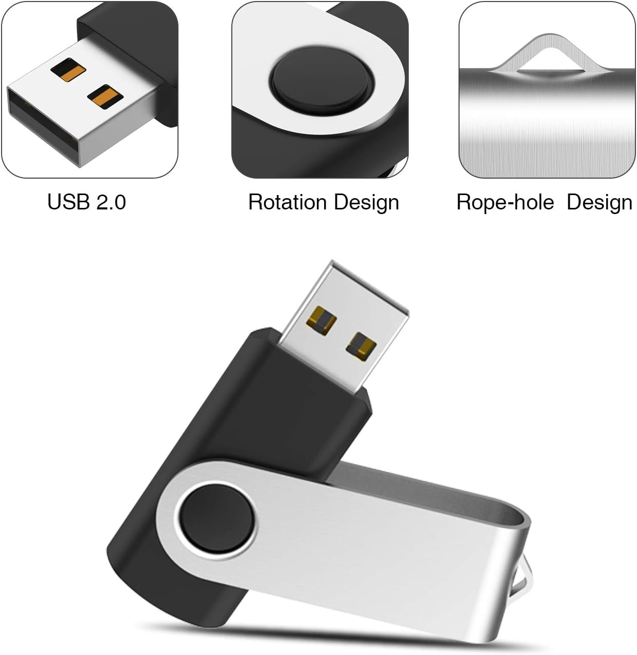4GB USB Flash Drive 10-Pack, Bulk USB 2.0 Swivel Memory Sticks, Black