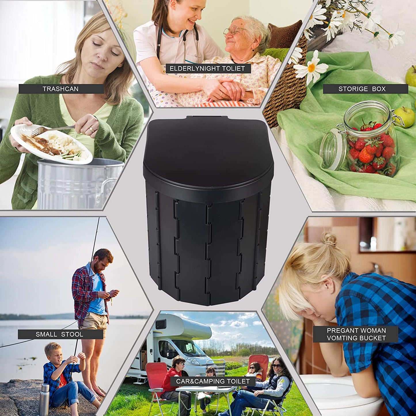 Portable Outdoor Toilet - Collapsible Camping and Fishing Toilet Bucket (Black)