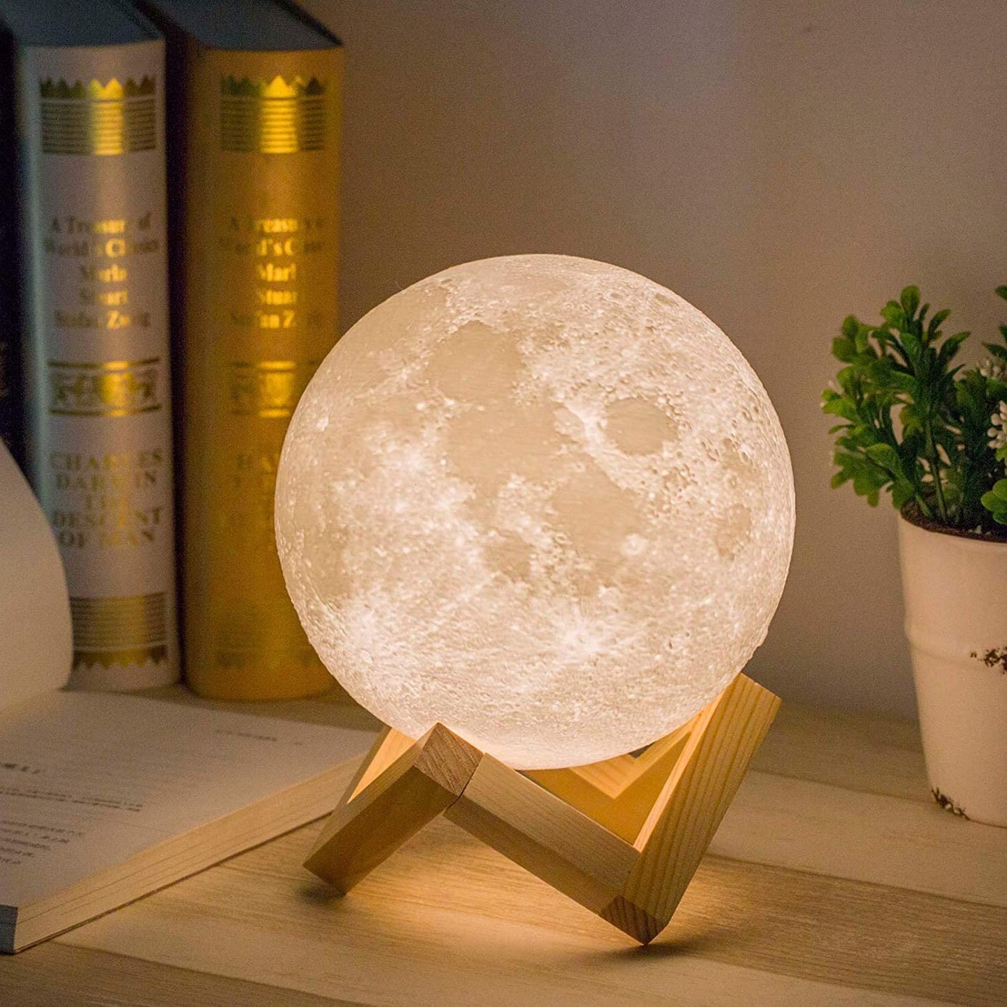 Moon Lamp-Home Décor, Mothers Day Gift with Brightness Control, Gift for Women, LED Night Light, Bedroom, Living Room, Kids Birthday Gift, Ceramic Hand Base, 3.5", White & Yellow
