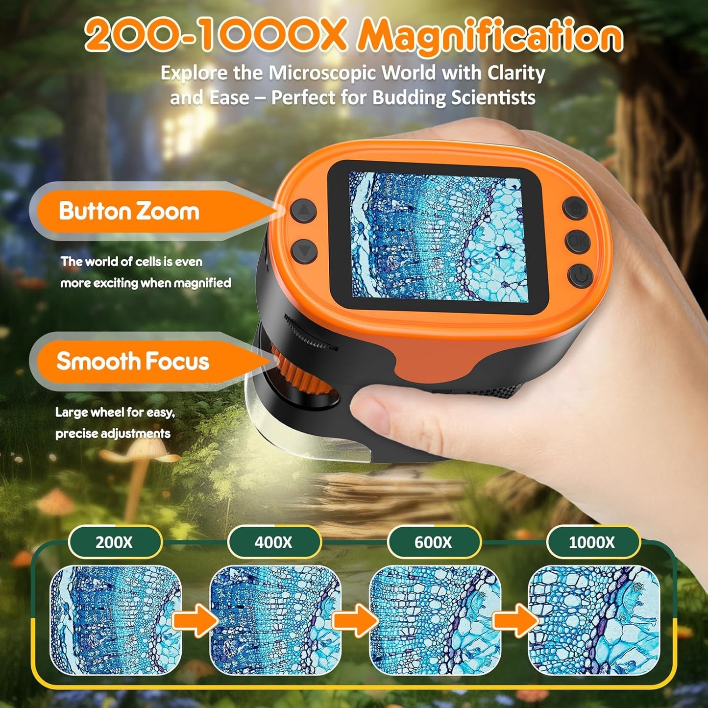 1000X Handheld Digital Microscope for Children - 4K 2.0" Display, Rechargeable Portable Mini Lab Scope with Slides Kit